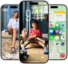 iPhone 17, sedd framifrån, Dynamic Island i mitten högt upp, tre färger: disblå, lavendel, salvia