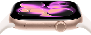 Apple Watch Series 11, aluminiumboett i roséguld, urtavlan Responsive Art, höger utsida: Digital Crown, mikrofon, sidoknapp, sportband i rosé