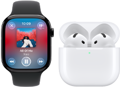 Apple Watch Series 11, titanboett i skifferfinish, sportband i svart, appen Apple Music är öppen, parkopplad med AirPods 4