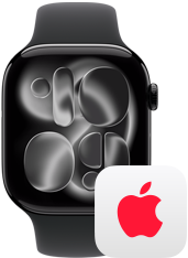 Apple Watch Series 11, aluminiumboett i gagatsvart, höger utsida: Digital Crown, sportband i svart, logotypen för AppleCare+