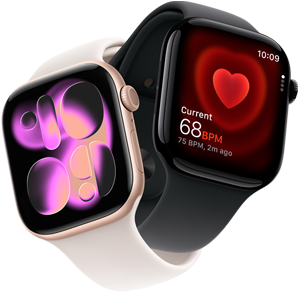 Apple Watch Series 11, aluminium roséguld, urtavlan Responsive Art, höger utsida: Digital Crown, mikrofon, sidoknapp, sportband i rosé, Apple Watch Series 11, aluminium gagatsvart, appen Puls med aktuell puls per minut, höger utsida: Digital Crown, sportband i svart