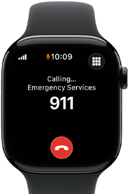 Apple Watch Series 11, aluminiumboett i gagatsvart, nödsamtal till 911 på skärmen, höger utsida: Digital Crown, sportband i svart