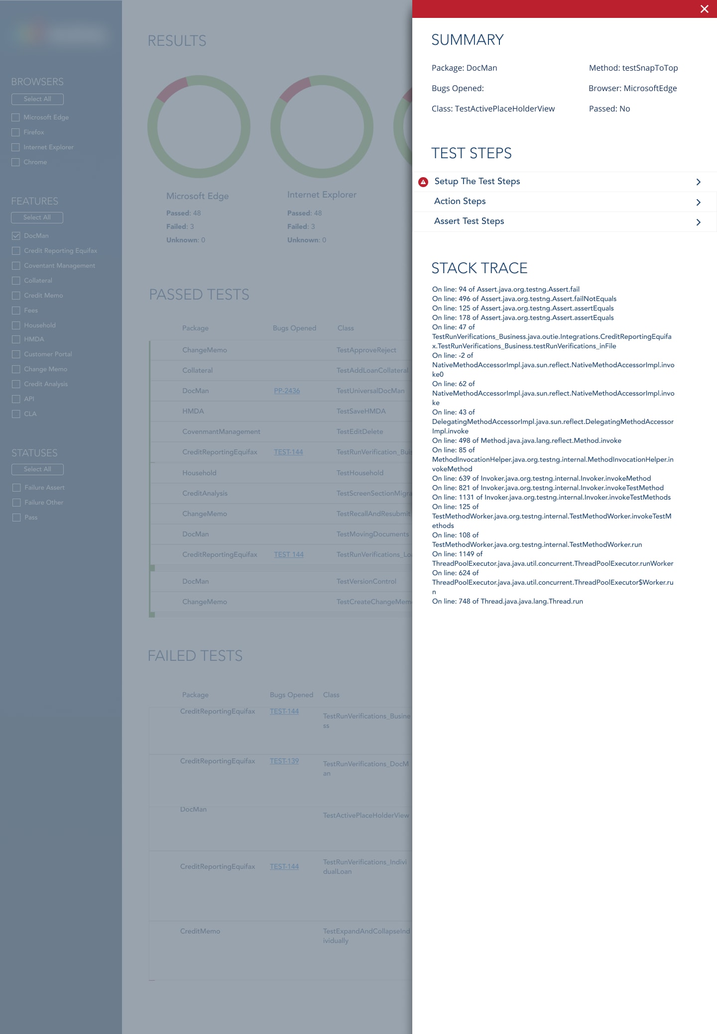 Opening a failed test slides out a panel with the full error and stack trace, no row expansion needed.