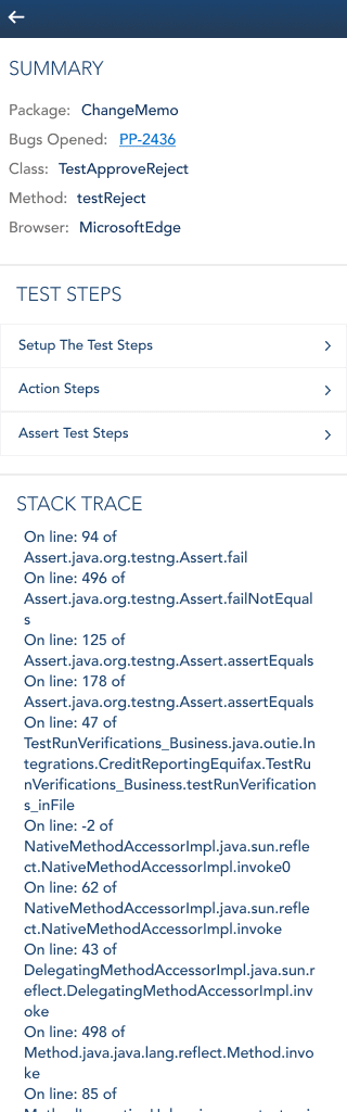 Tapping a card drills down to the full error, test steps, and stack trace.