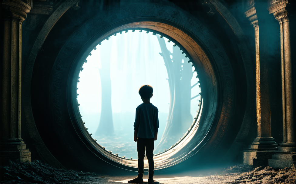 Alone boy looking through circle window