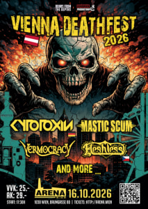 VIENNA DEATHFEST 2026 feat. CYTOTOXIN (ger) + MASTIC SCUM (aut) + FLESHLESS (cze) + VERMOCRACY (aut) ＆ more - Fri, Oct 16, 2026, 17:30 at Arena Wien, Baumgasse 80, 1030 Wien, Österreich