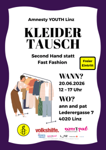 Amnesty_Youth_Linz Kleidertausch - Sa., 20.06.2026, 12:00 at Ann and Pat, Lederergasse 7, 4020 Linz, Österreich