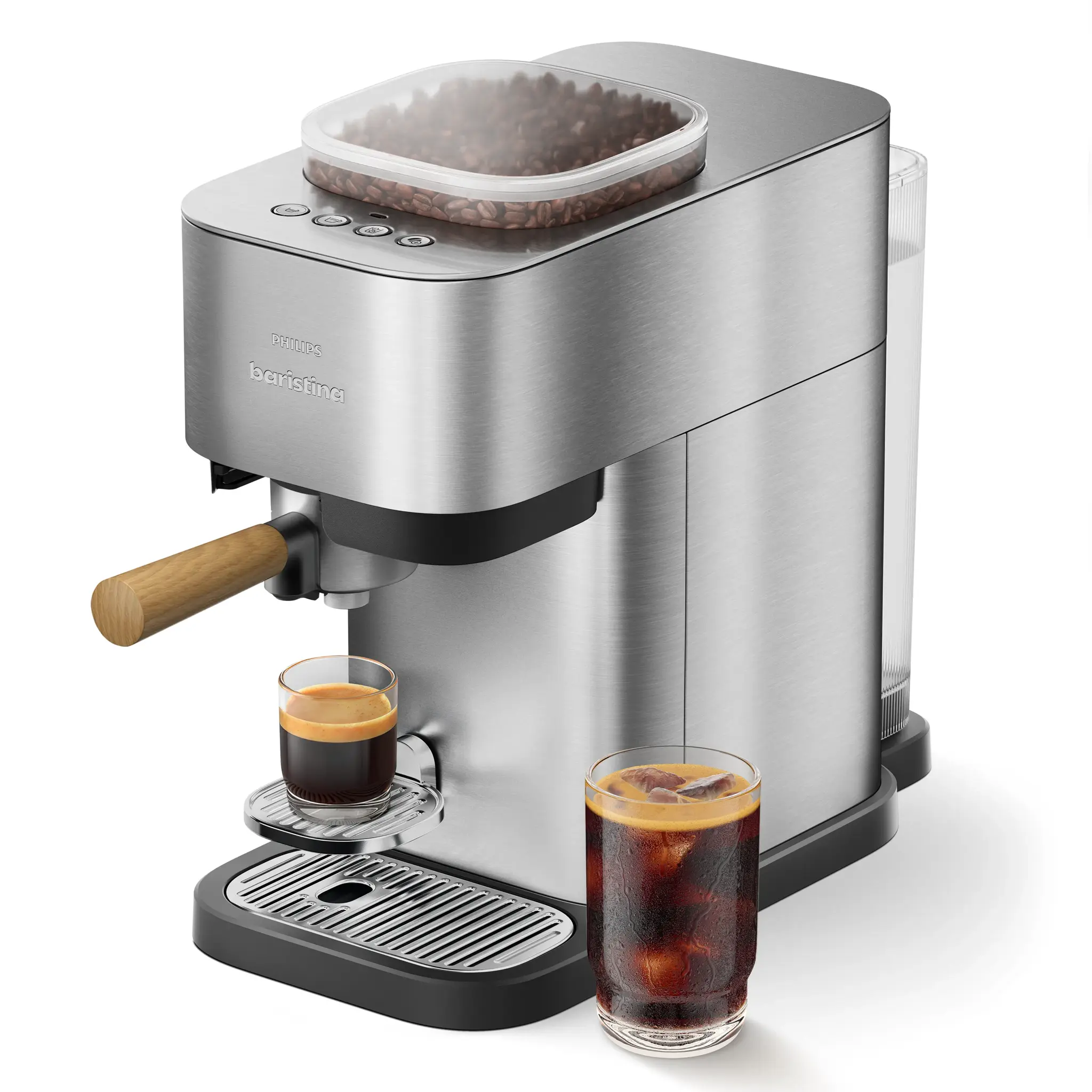 Philips Baristina Métal Machine à expresso - Cafetière à grain Inox, Porte-filtre Bois de Frêne