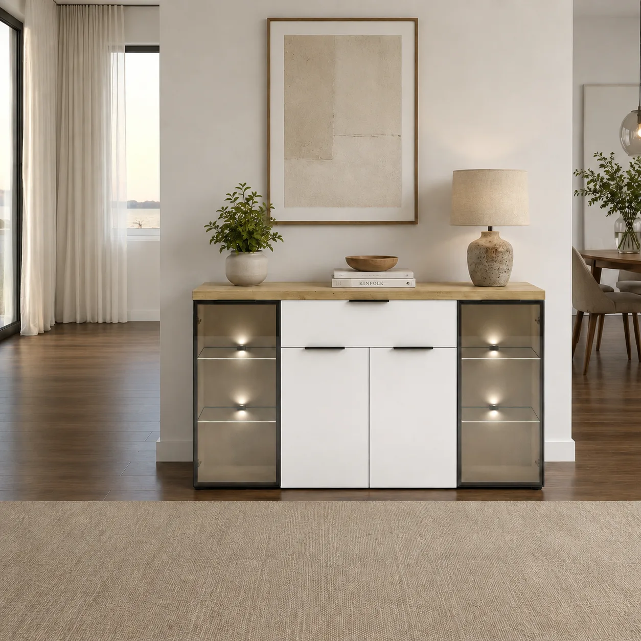 Buffet 4 portes 1 tiroir ANNENCY WHITE 2 portes en verre 2 portes et 1 tiroir Blanc brillant cm H89.9 L160.2 P43.2