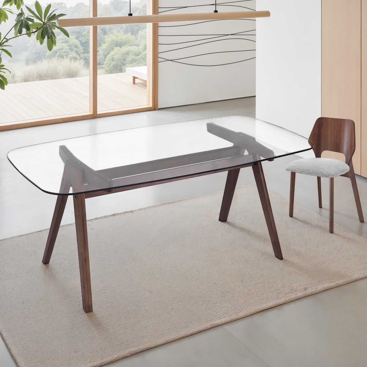 Easel 220 Table bureau en bois massif et verre trempé ép, 10 mm finition Noyer foncé et transparent, 220 x 100 cm