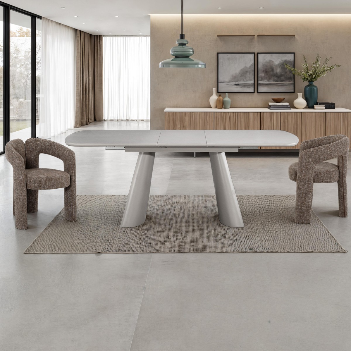 OTRA Tortora table extensible en MDF laqué taupe mat avec pieds latéraux, 160-200 x 90 cm