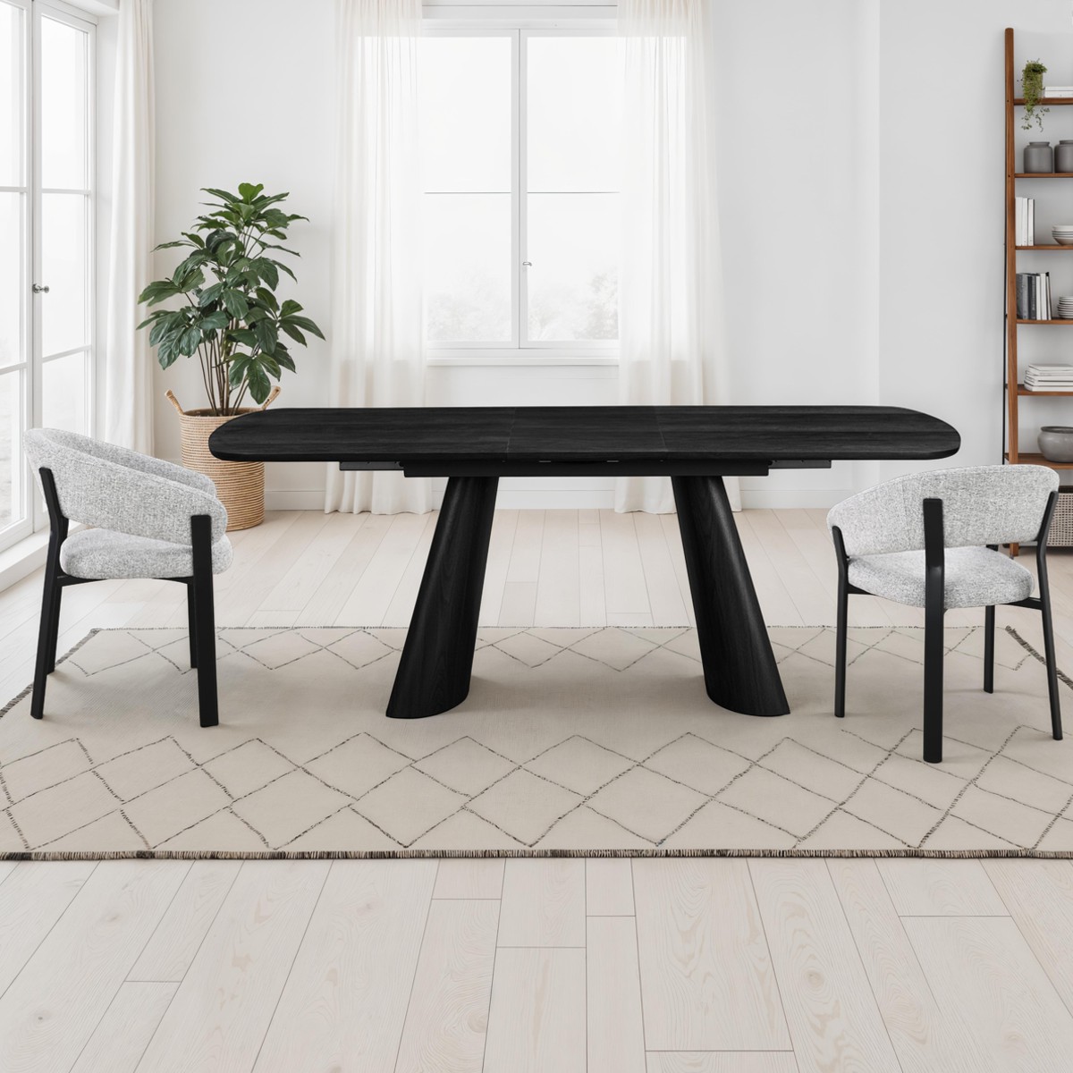OTRA Black Wood table extensible en MDF plaqué finition bois noir avec pieds latéraux, 160-200 x 90 cm