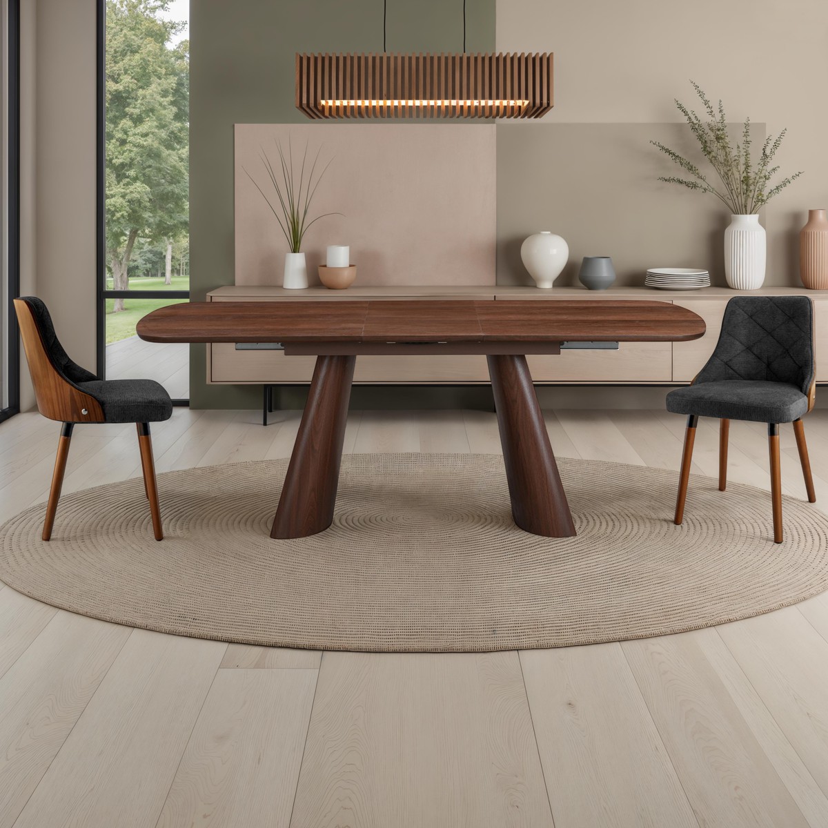 OTRA Dark Wood table extensible en MDF plaqué Noyer avec pieds latéraux, 160-200 x 90 cm