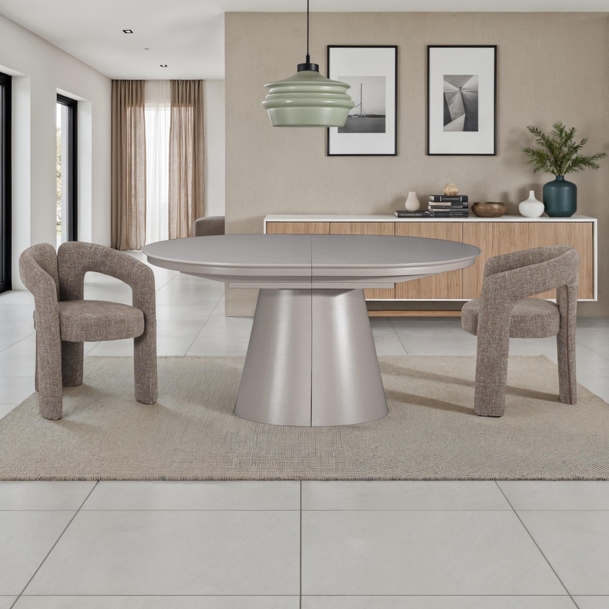 GLOMMA Tortora table extensible en MDF laqué taupe mat avec pied central, 150-200-250 x 110 cm