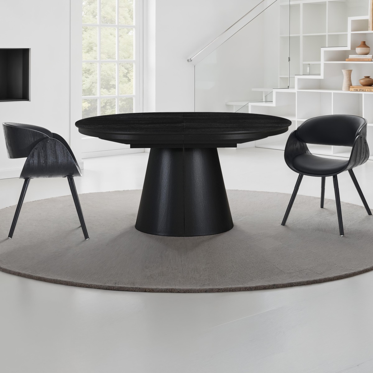 GLOMMA Black Wood table extensible en MDF plaqué finition bois noir avec pied central, 150-200-250 x 110 cm