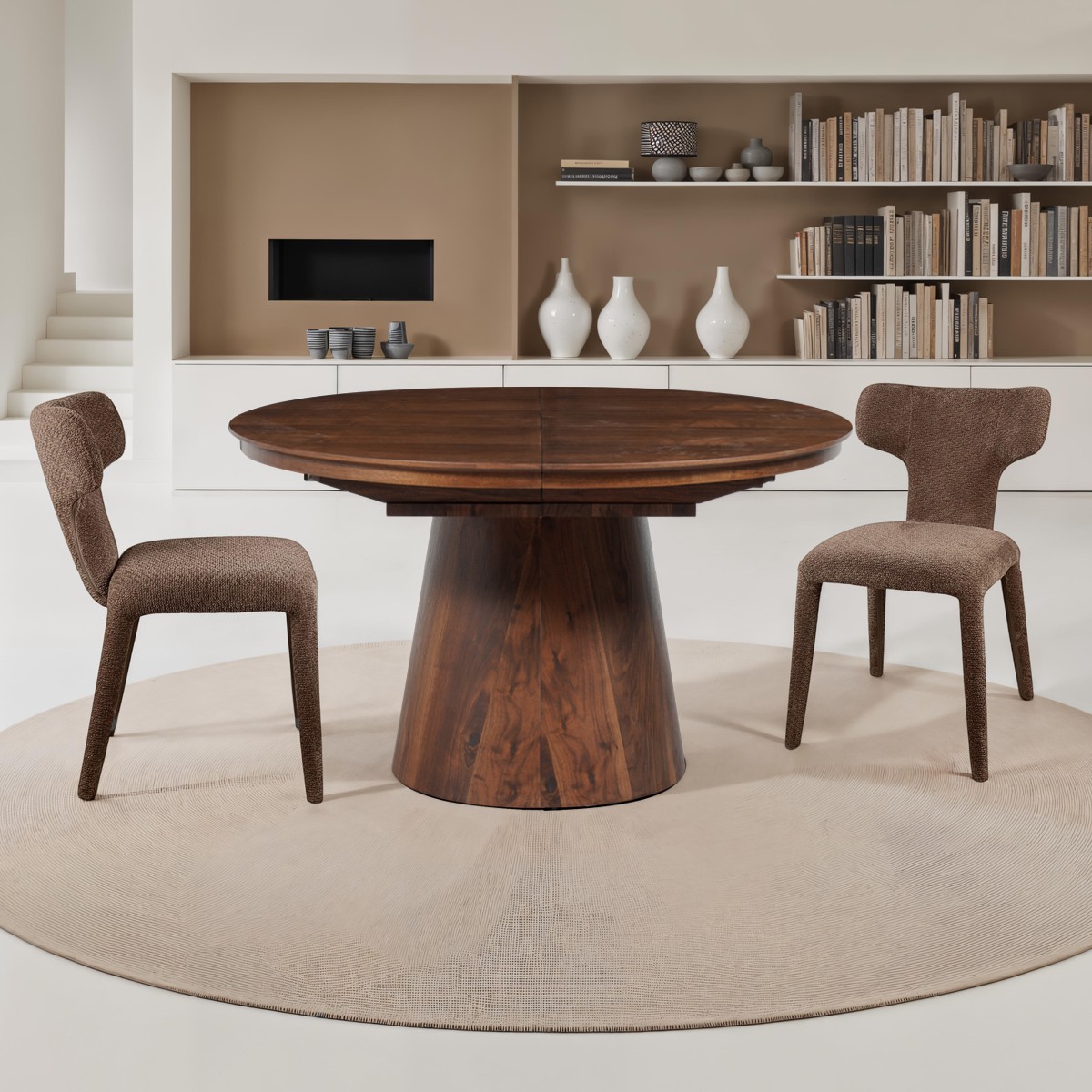 GLOMMA Dark Wood table extensible en MDF plaqué finition noyer avec pied central, 150-200-250 x 110 cm