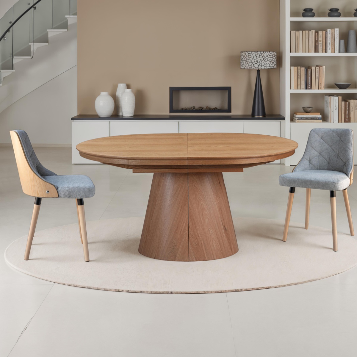 GLOMMA Wood table extensible en MDF plaqué finition chêne avec pied central, 150-200-250 x 110 cm