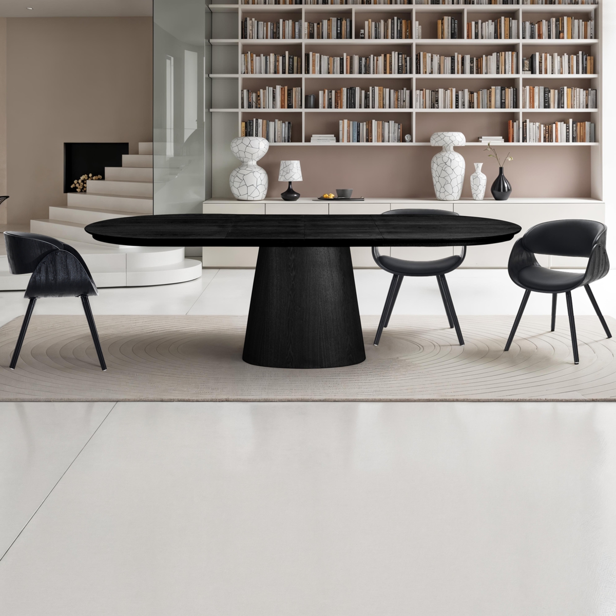 RAUMA Black Wood table extensible en MDF plaqué finition bois noir avec pied central, 160-200-240 x 100 cm