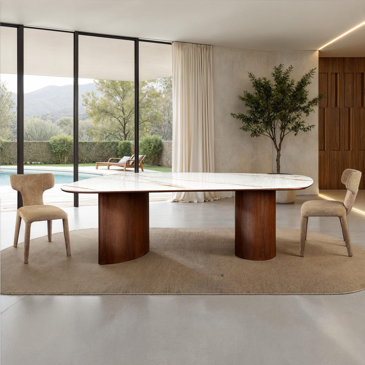 TENO table fixe en céramique effet marbre blanc brillant avec veinures grises et marron bord et pieds finition noyer, 235 x 115 cm
