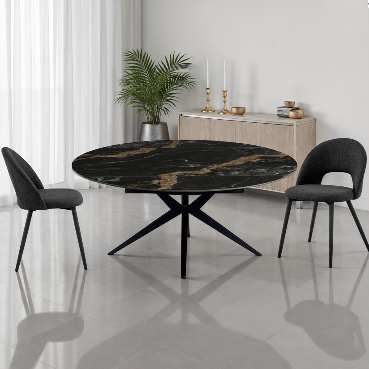 FACT Black Marble Grey table extensible rectangulaire et ronde en céramique effet marbre Calacatta noir mat avec piètement en acier Gris mat, 90-125-160 × 160 cm