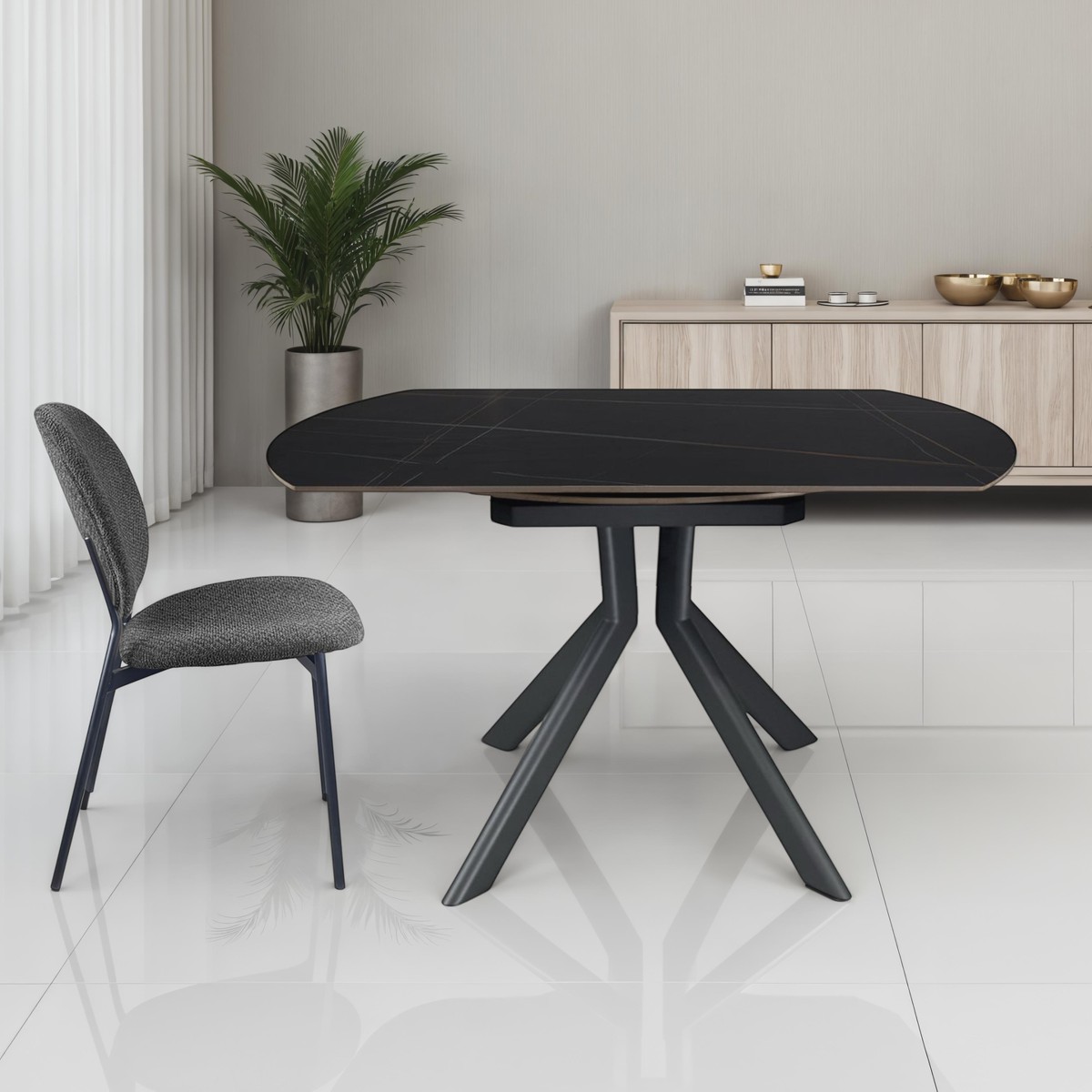 TAAK Black Marble Grey table extensible rectangulaire et ronde en céramique effet marbre noir mat avec piètement en métal Gris mat, 75-77 ø 135 cm