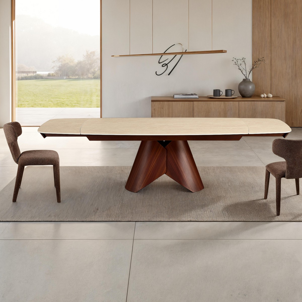 Kaja Large Travertino Wood table extensible en céramique effet marbre travertin mat avec piètement en métal effet bois noyer, 200-250-300 x 100 cm