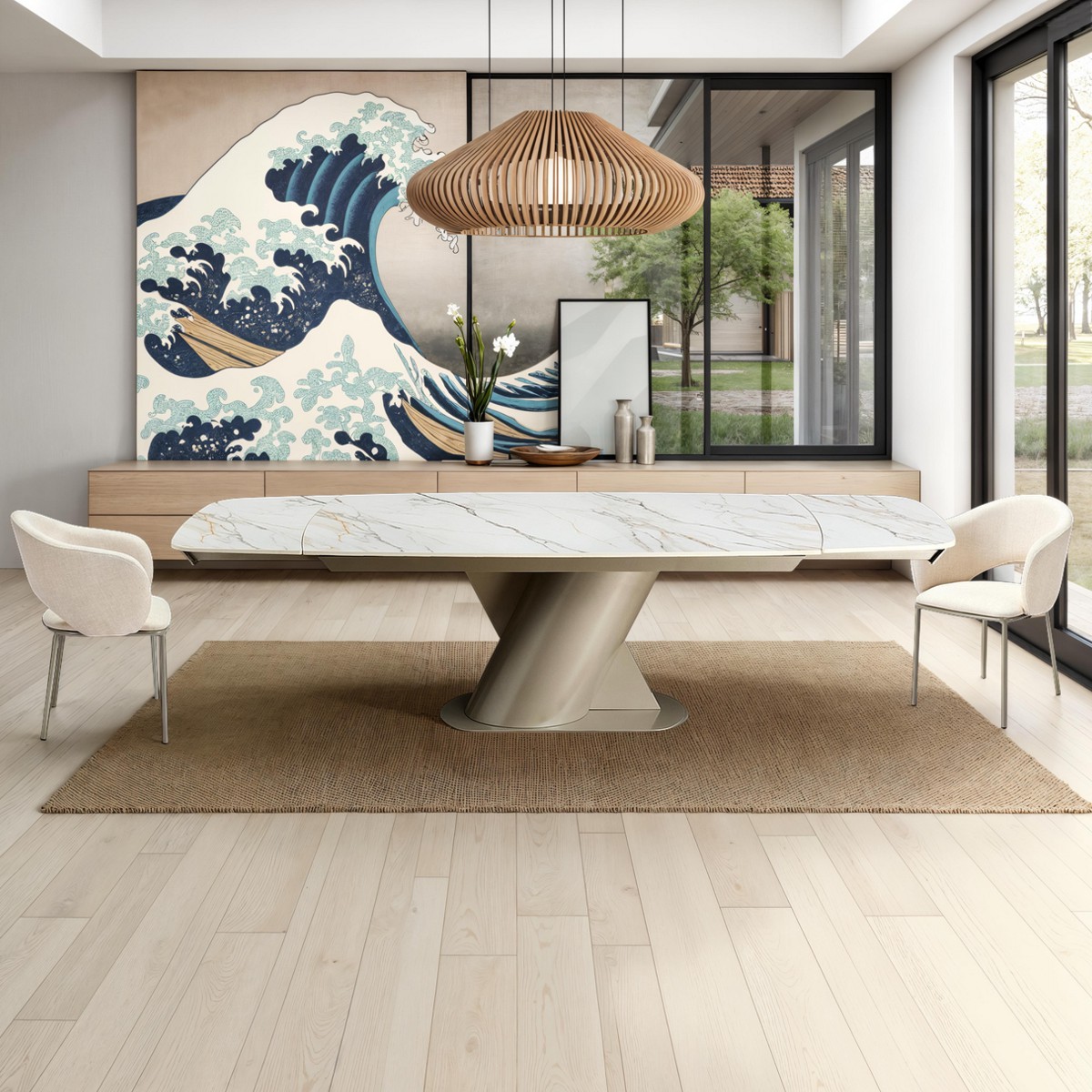 Table Extensible Jan Large Onice Marble Platinum céramique effet marbre Onyx mat piètement acier Platine mat. 200-250-300 x 100 cm
