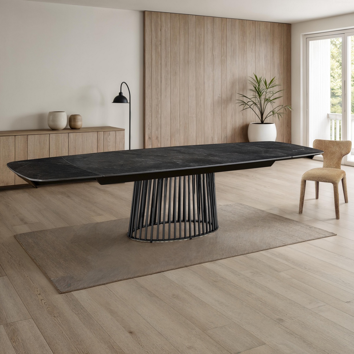 Cage 200 Black Marble Grey table extensible en céramique effet marbre noir mat. avec piètement en métal gris mat, 200-250-300 x 100 cm