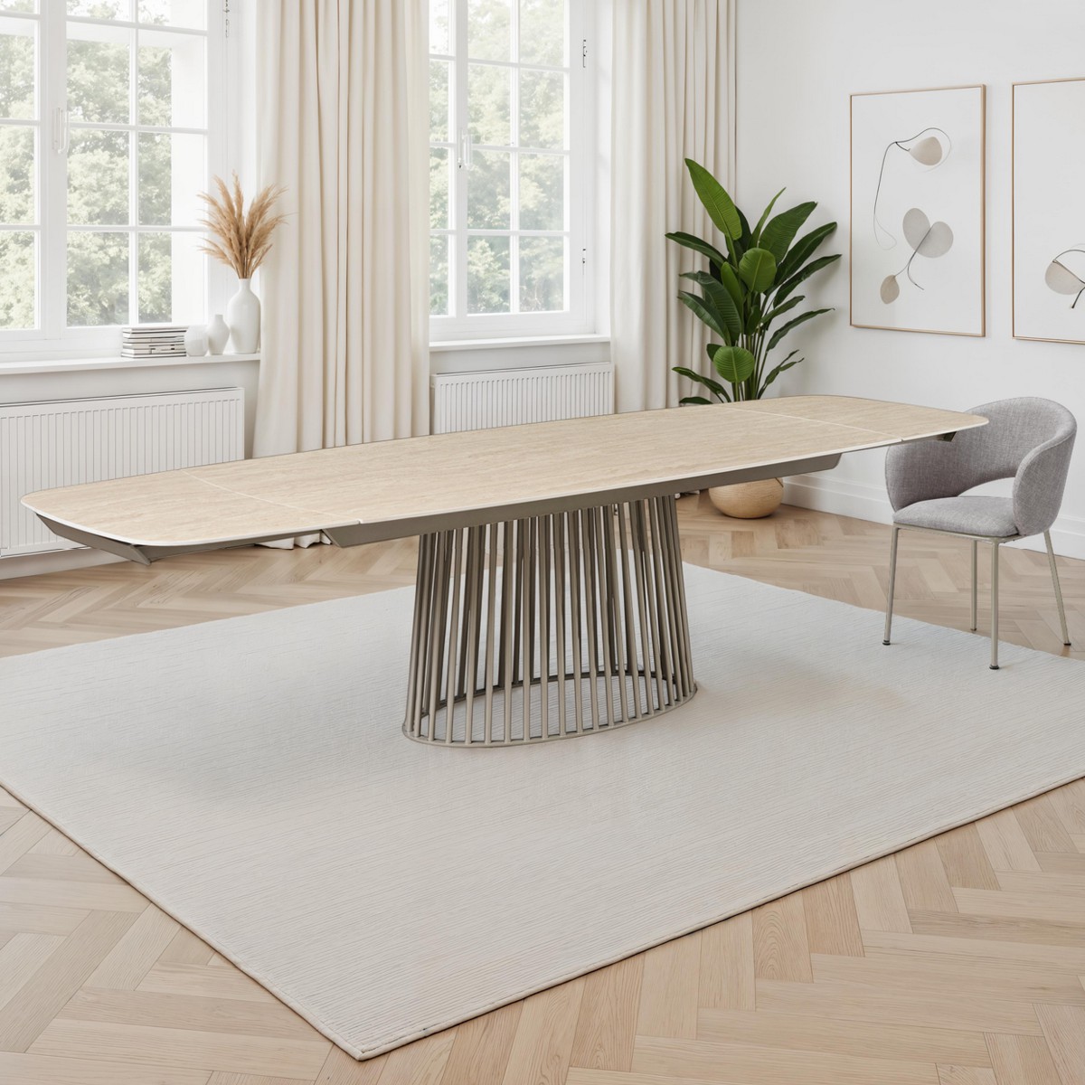 Cage 200 Travertino Marble Platinum table extensible en céramique effet marbre travertin mat avec piètement en métal Platine mat, 200-250-300 x 100 cm