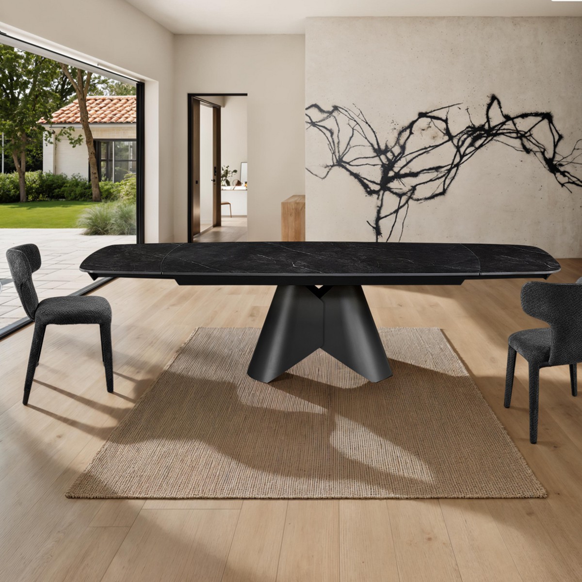 Kaja Large Black Marble Grey table à rallonge en céramique effet marbre Calacatta noir mat. avec piètement en métal gris mat, 200-250-300 x 100 cm