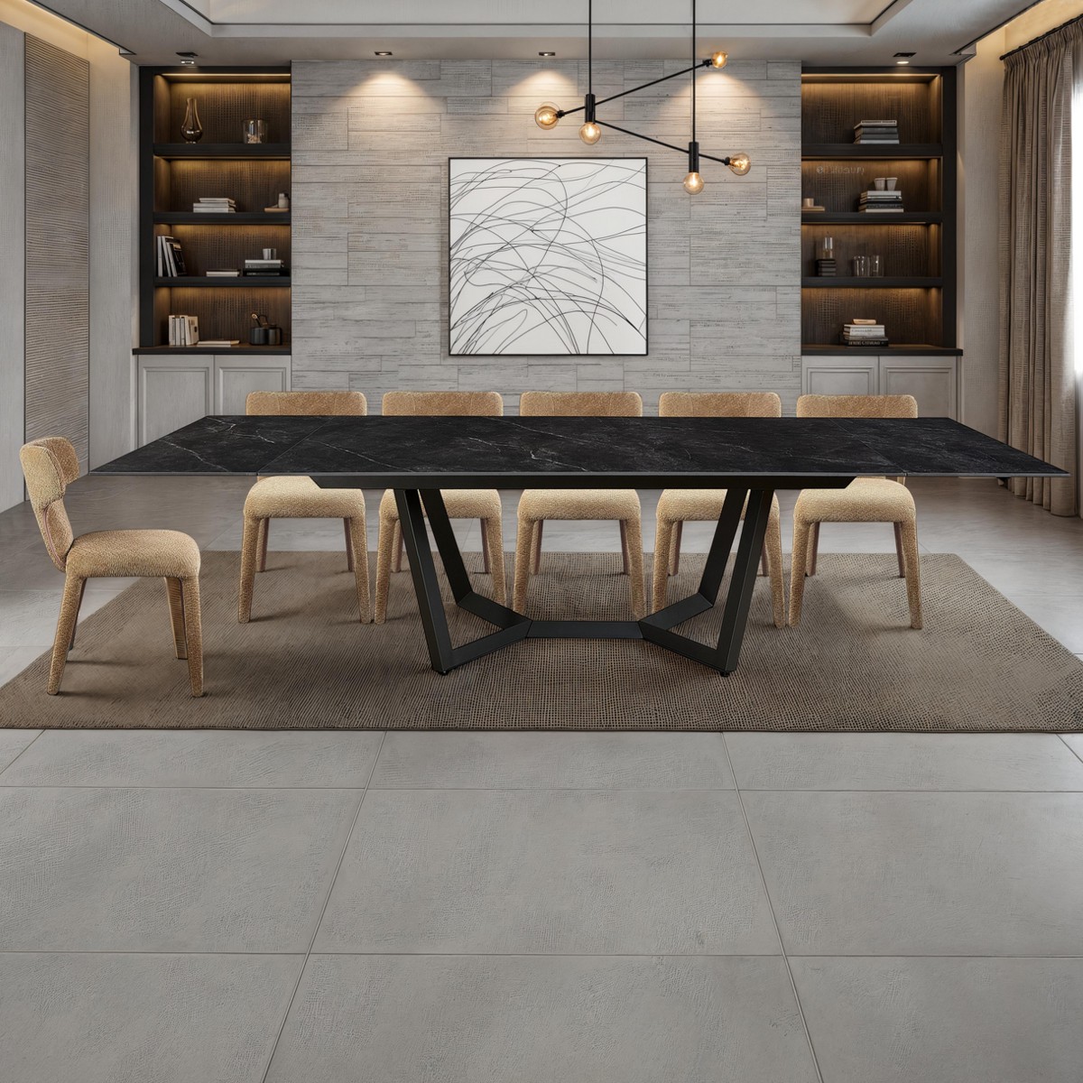 Leo Evo Large Black Marble Grey table extensible en céramique effet marbre noir mat. avec piètement en acier gris mat, 200-250-300 x 100 cm