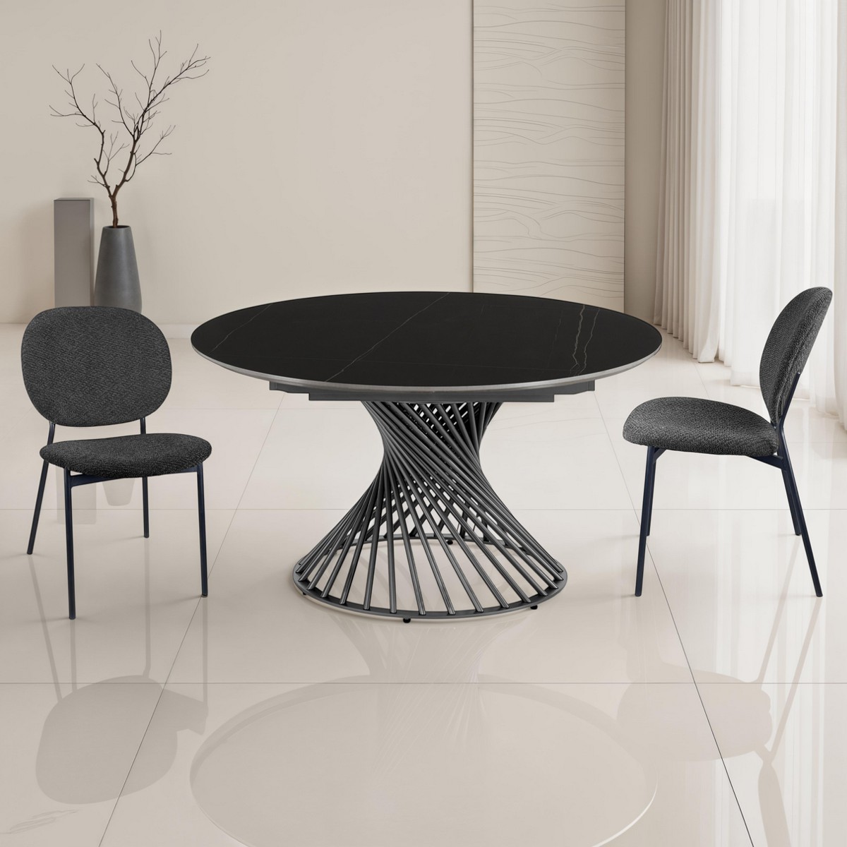 Table Ronde Extensible Jorum Black Marble céramique effet marbre noir mat piètement en acier gris mat, ø 120 x 180 cm