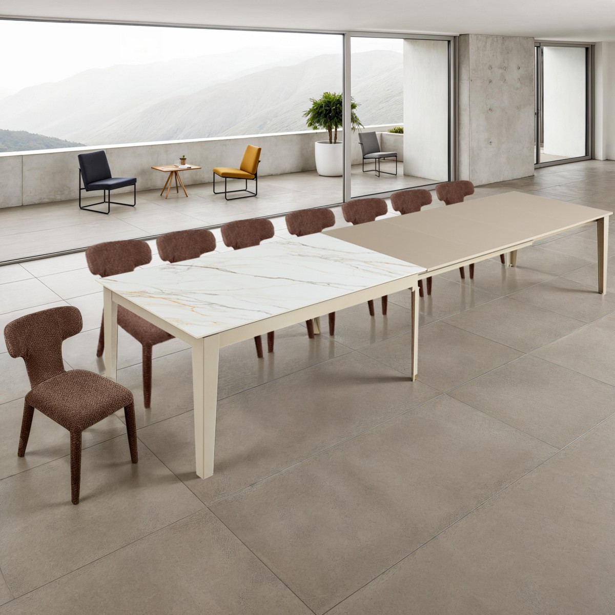 Table extensible GREAT ONICE MARBLE PLATINUM acier platine mat plateau en céramique effet marbre onyx mat, 160-220-280-340-400 x 90 cm