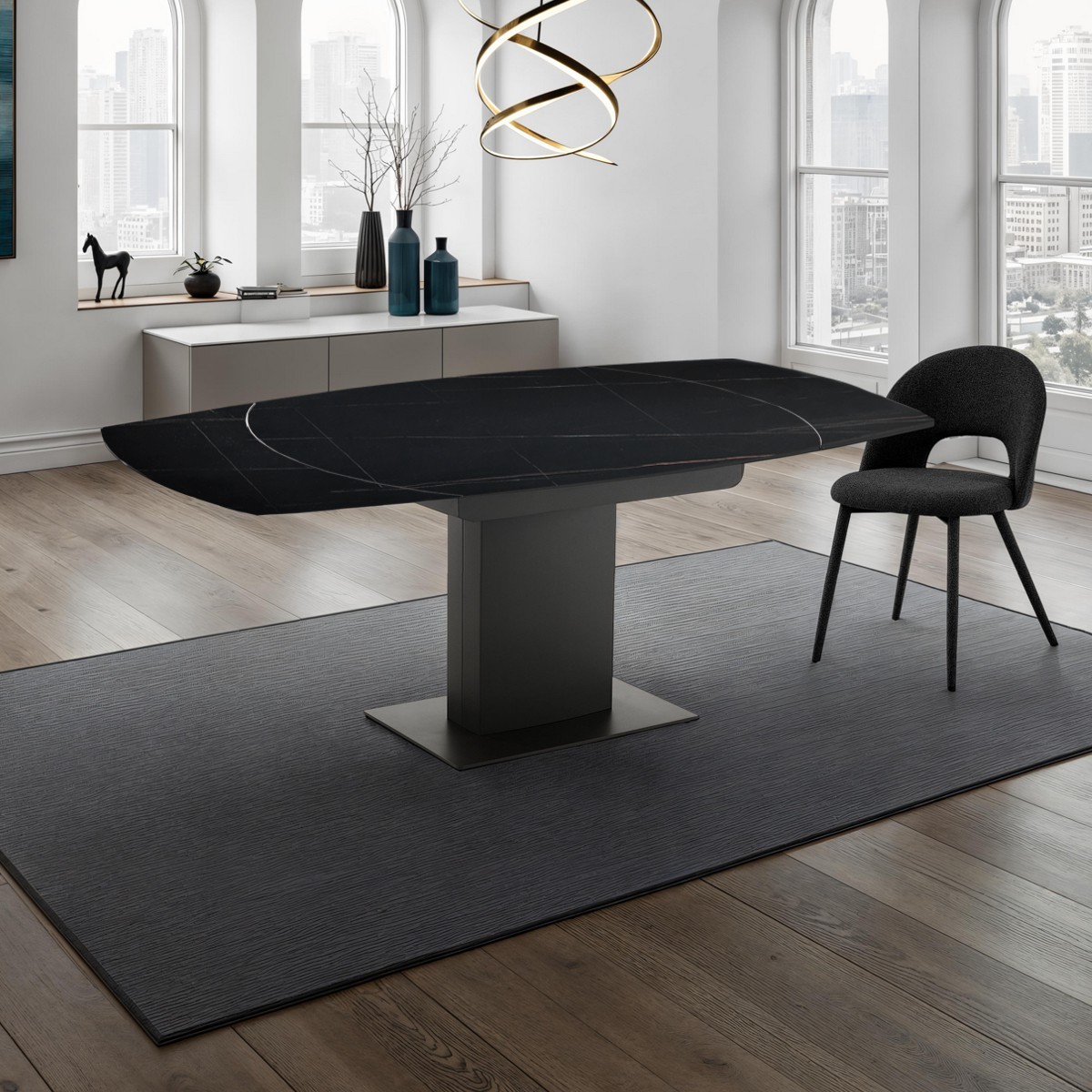 Table extensible Epic 1 en céramique avec plateau en marbre noir mat et piètement en acier gris mat 120-180 x 90 cm