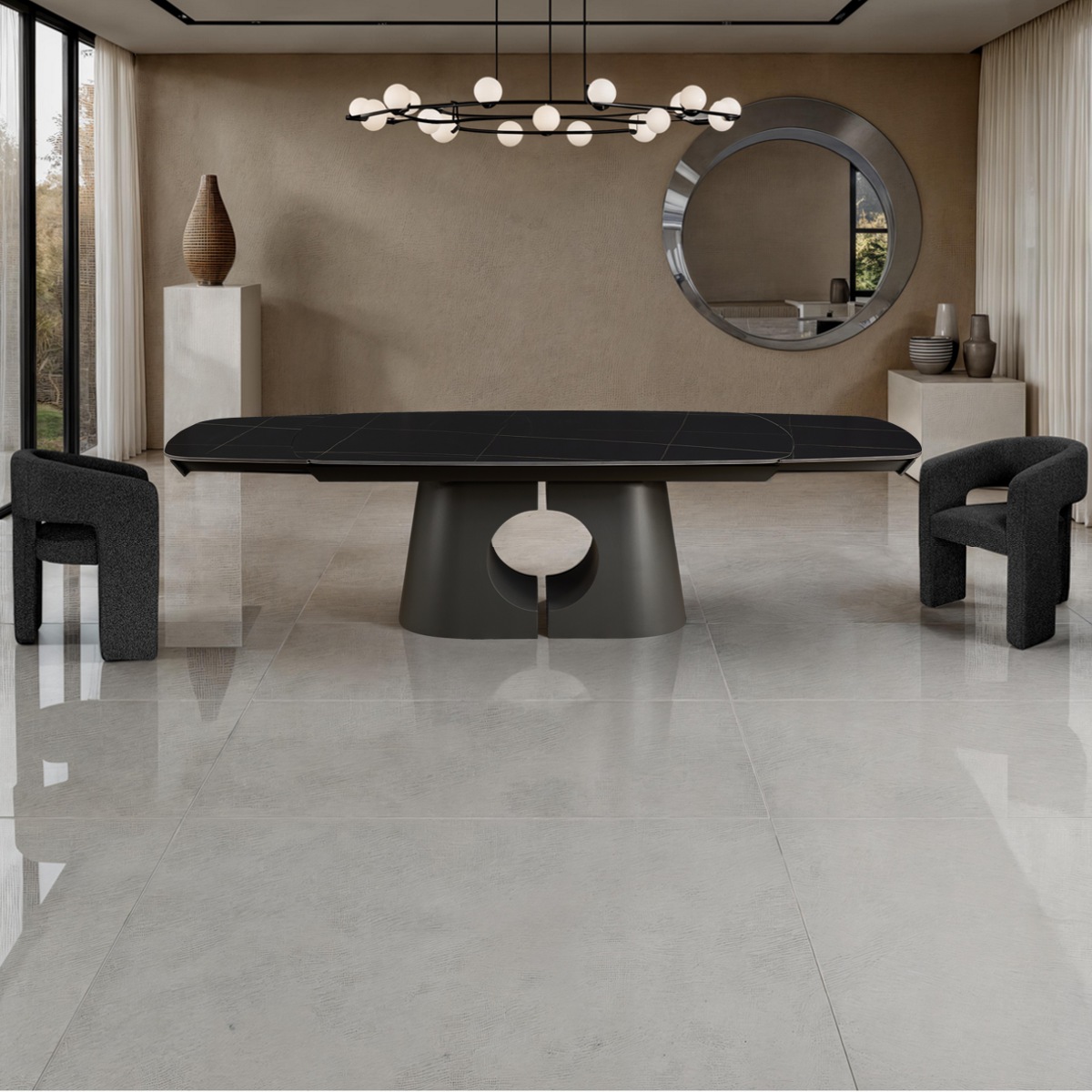Table extensible Yatta Black Marble céramique effet marbre noir brillant piètement en métal gris mat, 200-250-300 x 100 cm