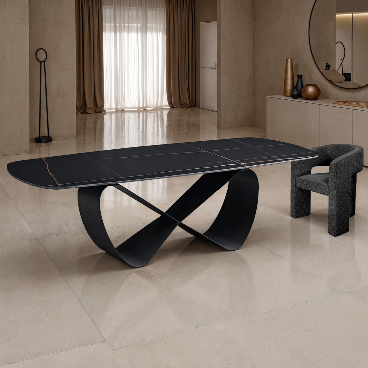 Table fixe Infinity Black Marble céramique effet marbre noir mat piètement en métal gris mat, 240 x 110 cm
