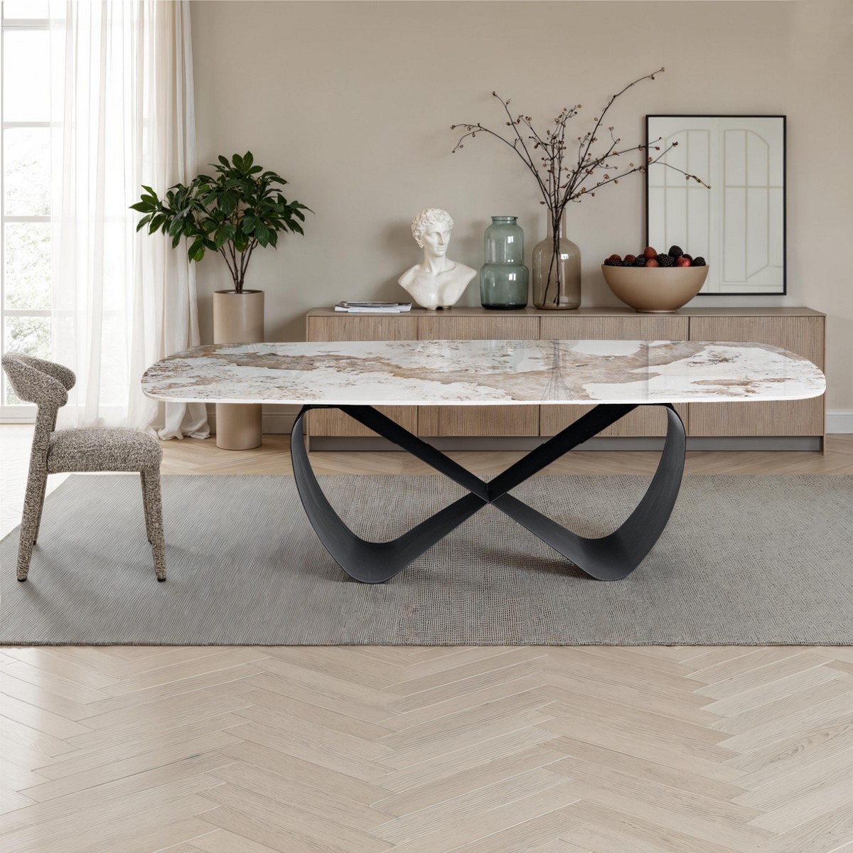 Table fixe Infinity Onice Marble céramique effet marbre onyx brillant. piètement en métal gris mat Table fixe Infinity Black Marble céramique effet marbre noir mat piètement en métal gris mat, 240 x 110 cm