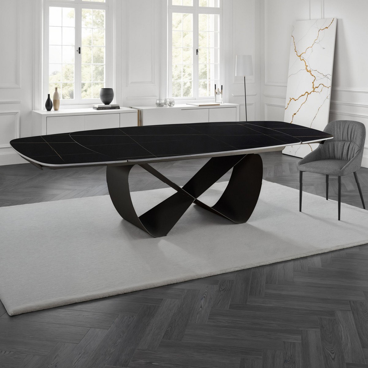 Table extensible Infinity Black Marble céramique effet marbre noir mat piètement en métal gris mat, 200-250-300 x 100 cm