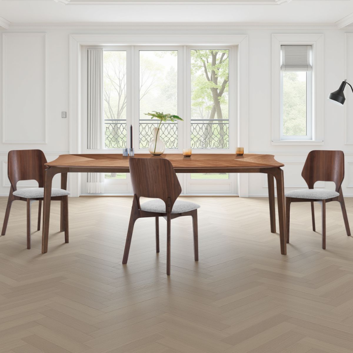 Table Natacha structure en bois massif finition noyer foncé plateau plaqué incrustations finition noyer, 207 x 90 cm