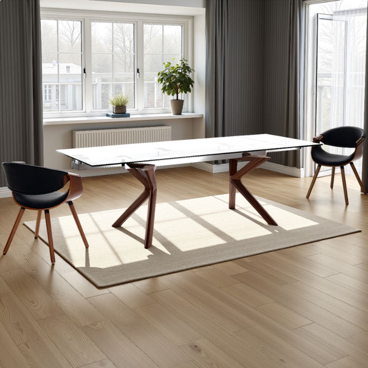 Table extensible Bran en bois massif finition noyer plateau en verre trempé transparent, 160-200-240 x 90 cm
