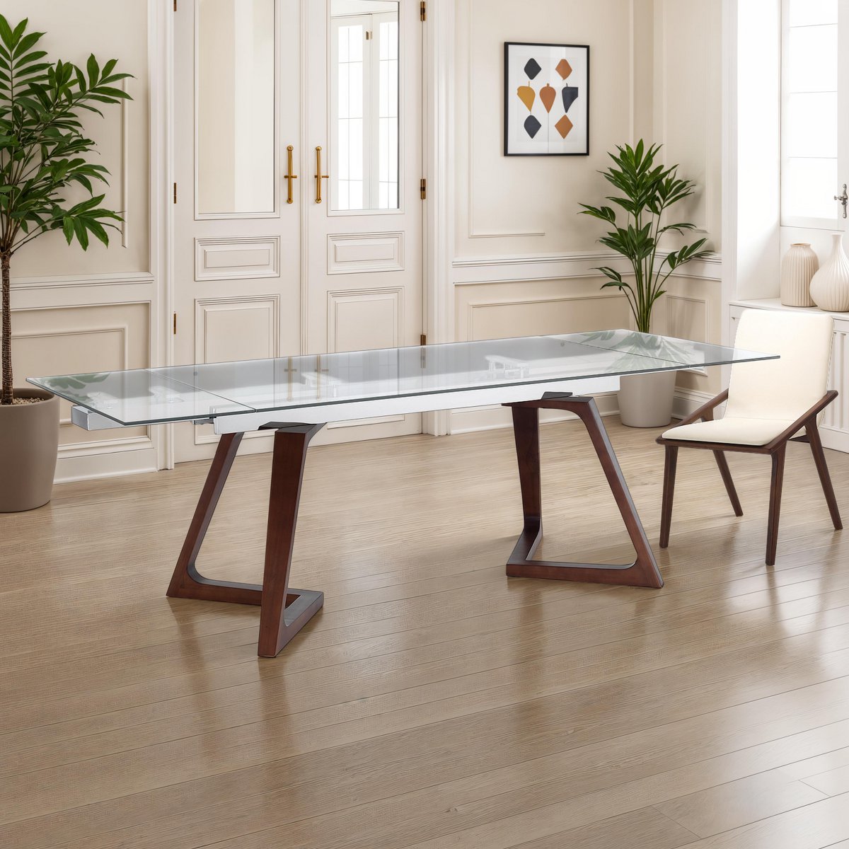 Table extensible Stark avec plateau en verre et structure en bois de noyer, 180-220-260 x 90 cm