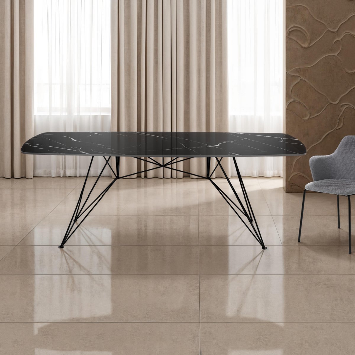 Bureau Spillo en marbre noir avec structure en métal noir mat et plateau en céramique effet marbre noir brillant, 180 x 90 cm