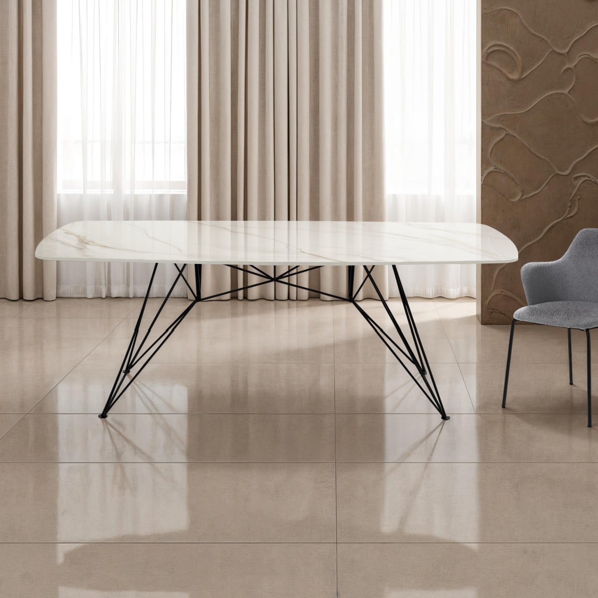 Table de bureau Spillo effet marbre onyx structure en métal noir plateau en céramique aspect marbre onyx blanc-jaune, 180 x 90 cm