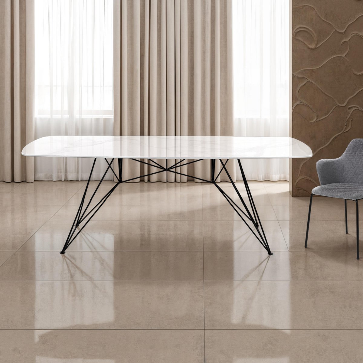 Table de bureau Spillo en marbre blanc structure en métal noir plateau en céramique effet marbre blanc Calacatta, 180 x 90 cm