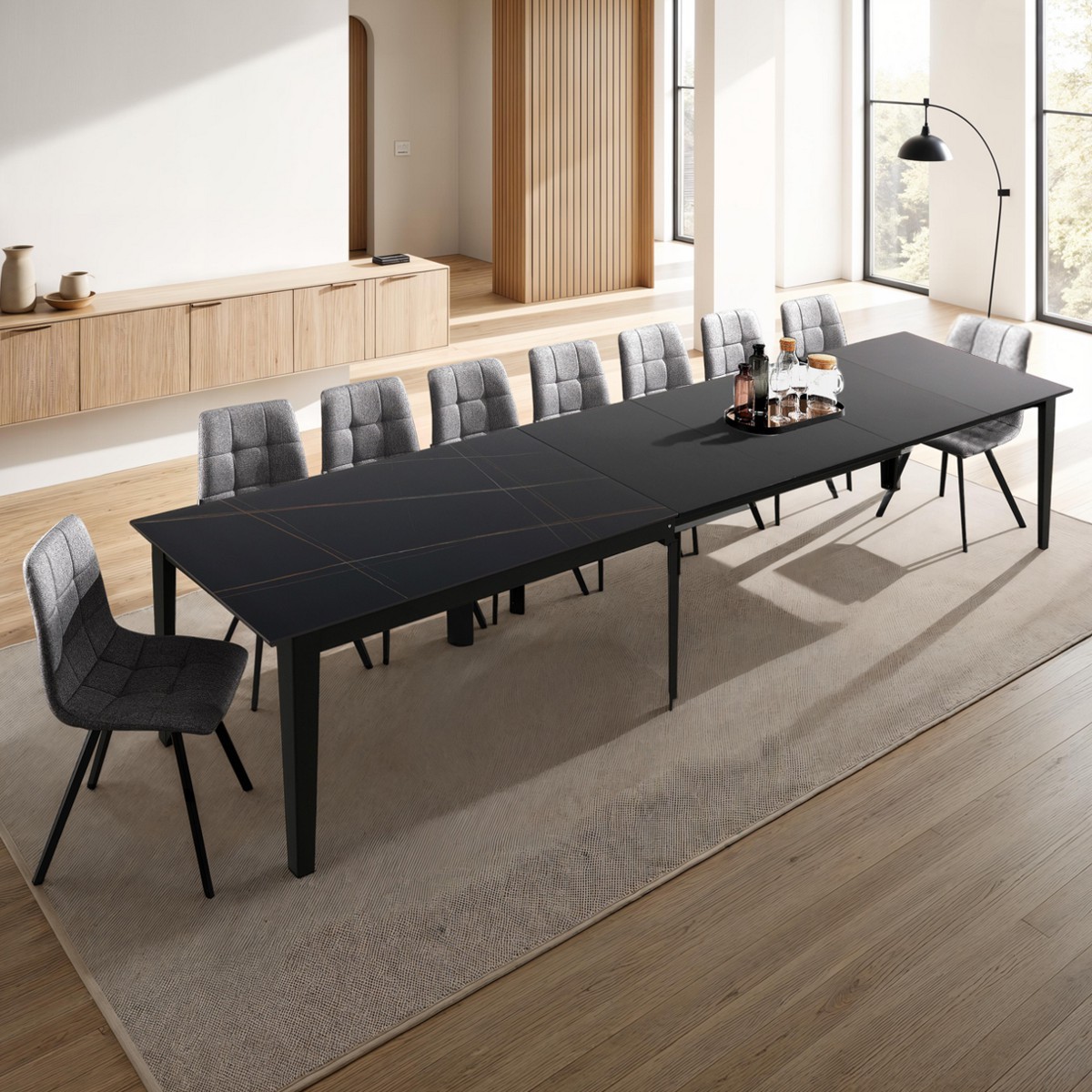 Table extensible GREAT BLACK MARBLE acier gris mat plateau en céramique finition marbre noir mat, 160-220-280-340-400 x 90 cm