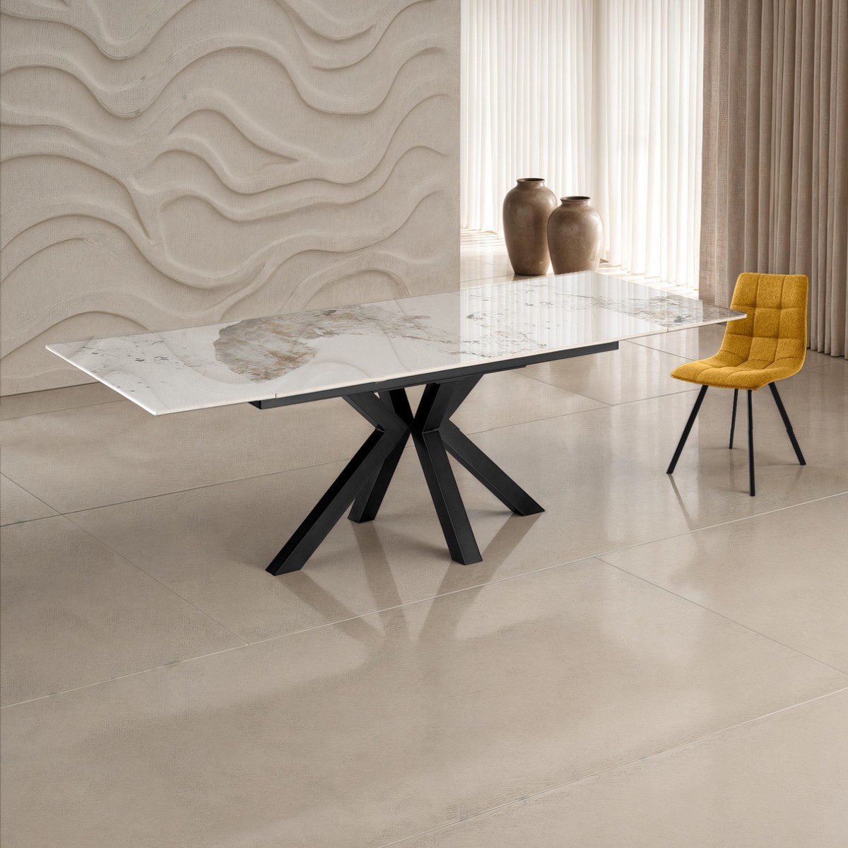 Table extensible TYCHI ONICE GREY métal gris mat plateau en céramique finition marbre onyx brillant, 160-200-240 x 91 cm