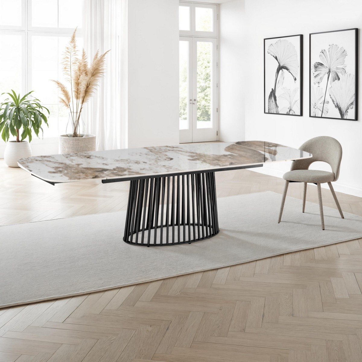 Table extensible Cage 2 avec piètement gris mat plateau en céramique et finition marbre onyx brillant, 180-220-260 x 89 cm