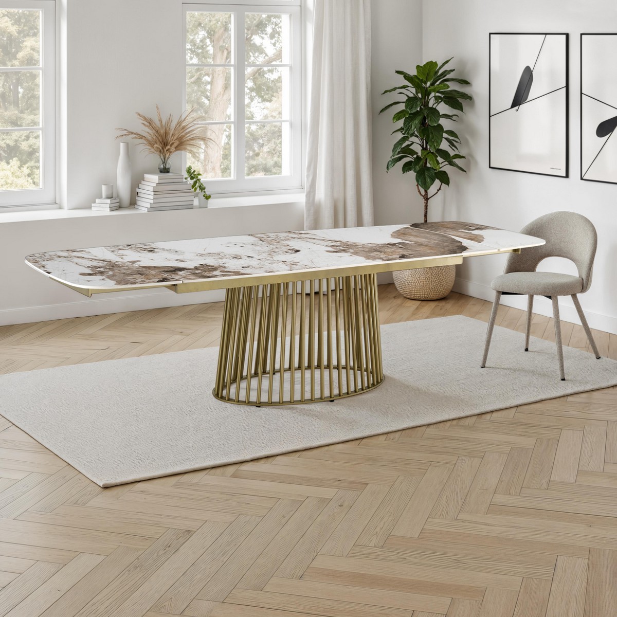 Table extensible Cage 1 avec piètement champagne or mat plateau en céramique finition marbre onyx brillant, 180-220-260 x 89 cm