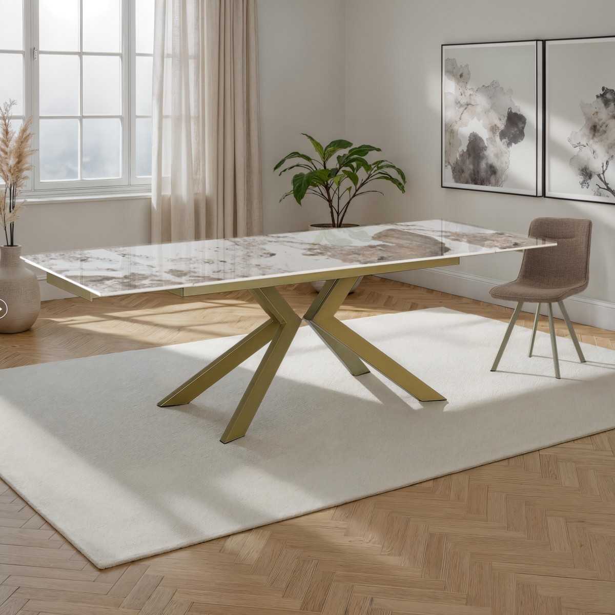 Table extensible STAR ONICE GOLD plateau en céramique métal or mat finition marbre onyx brillant, 160-200-240 x 90 cm
