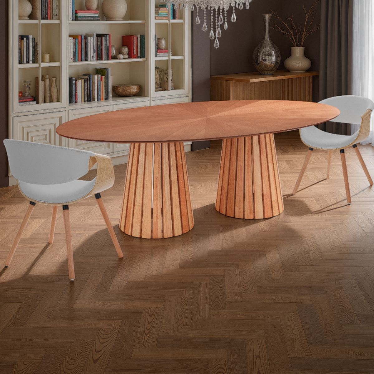 Table ovale Volga en bois structure en chêne massif teinté plateau en MDF plaqué chêne incrusté, 190 x 110 cm